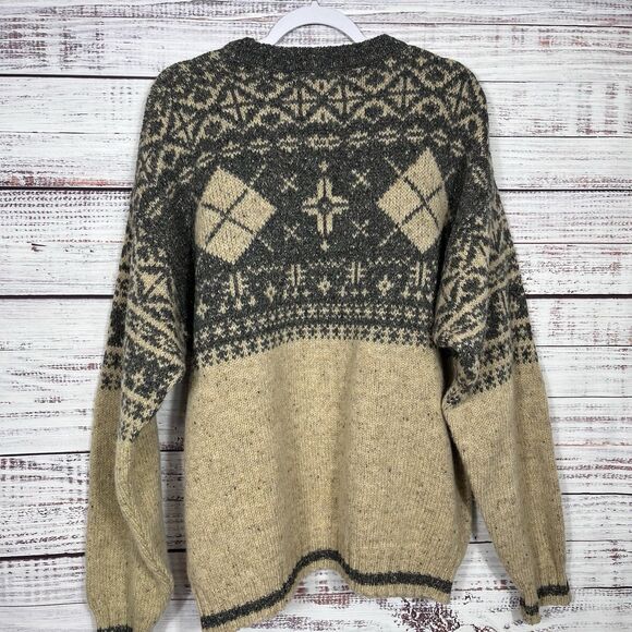 Vintage 90s Woolrich Wool Blend Sweater Mens XL Tan Gray Fisherman Cabin Nordic - Picture 3 of 10